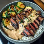 Grilled Steak Bowl With Creamy Sauce & Grilled Zucchini