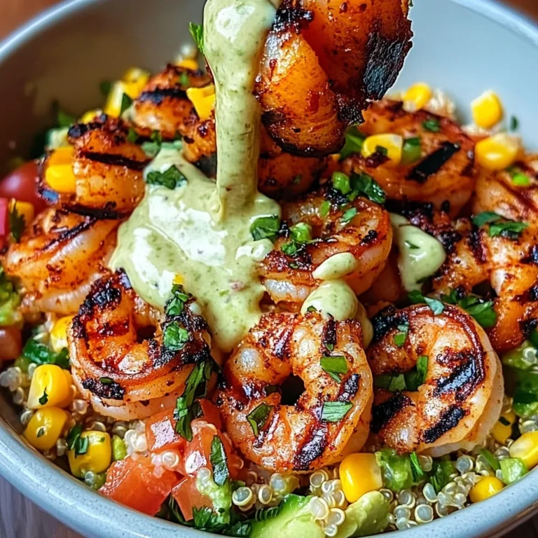 Grilled Shrimp Bowl with Avocado, Corn Salsa & Creamy Sauce