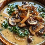 Wild Mushroom, Caramelized Onion and Kale Soup