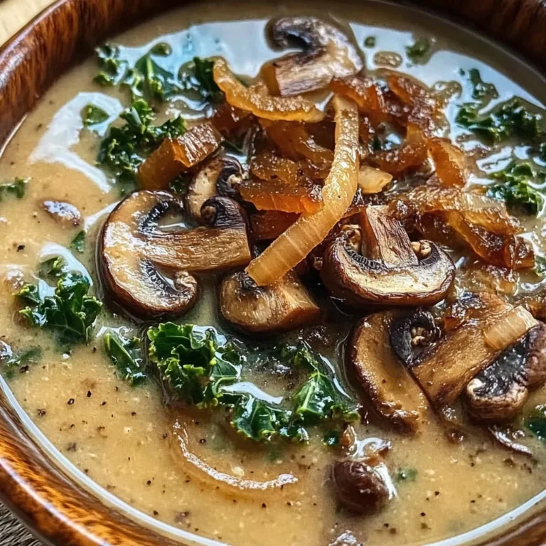 Wild Mushroom, Caramelized Onion and Kale Soup